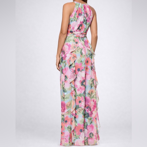 🆕 Xscape Floral Chiffon Halter Maxi Dress Size 12 Pink Blue Ruffle Formal Gown - Picture 3 of 17